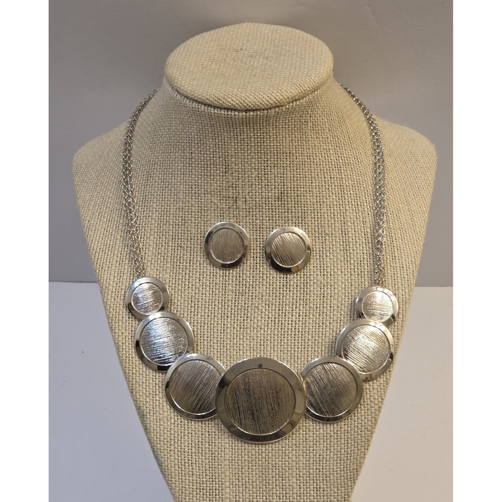 Sterling Silver Italian Designer Modernist Discs‎ Textured Necklace & Earrings